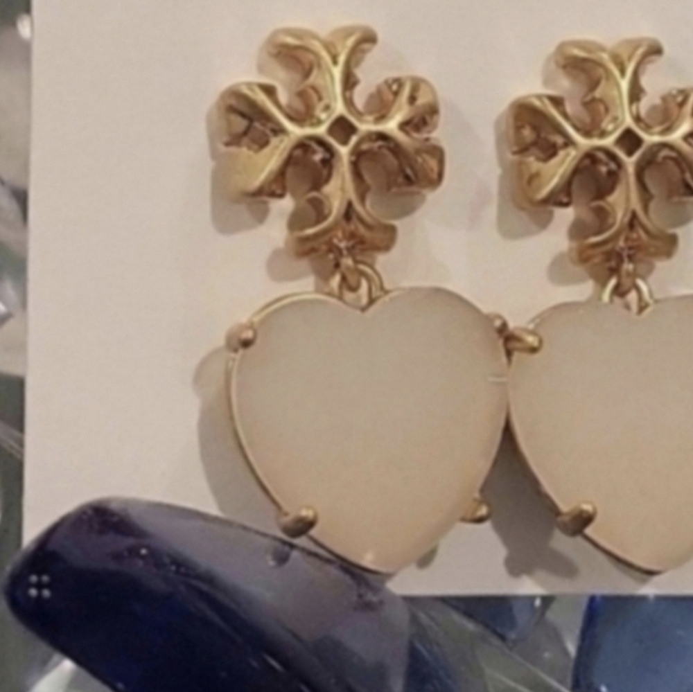 Tory Burch Gold and Cream Heart Earrings